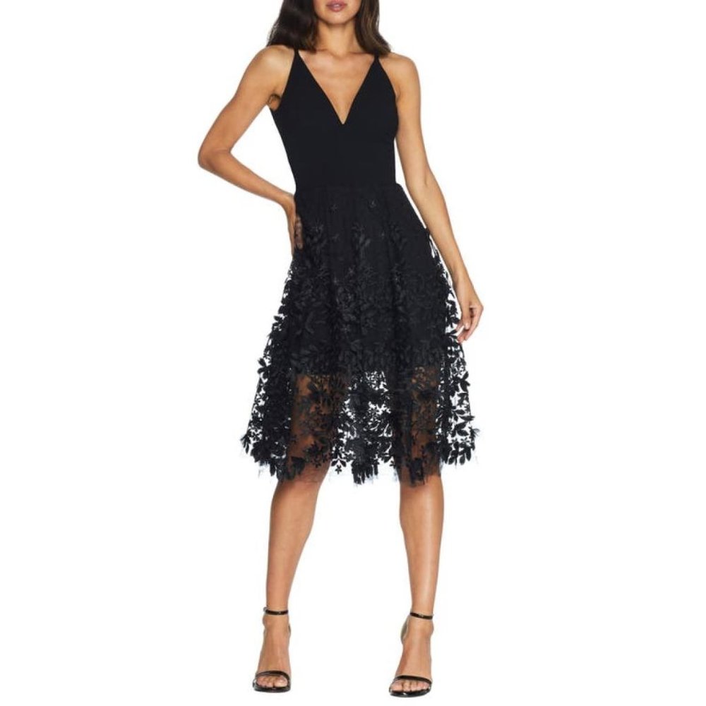 SALE! Dress the Population Darleen V-Neck Embroidered Mesh Cocktail Dress Black
